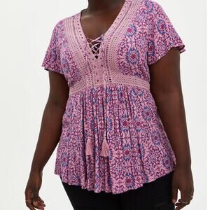 Torrid Floral Babydoll Top Plus Size 3X Crochet Tasseled Boho Cottage Soft Girl